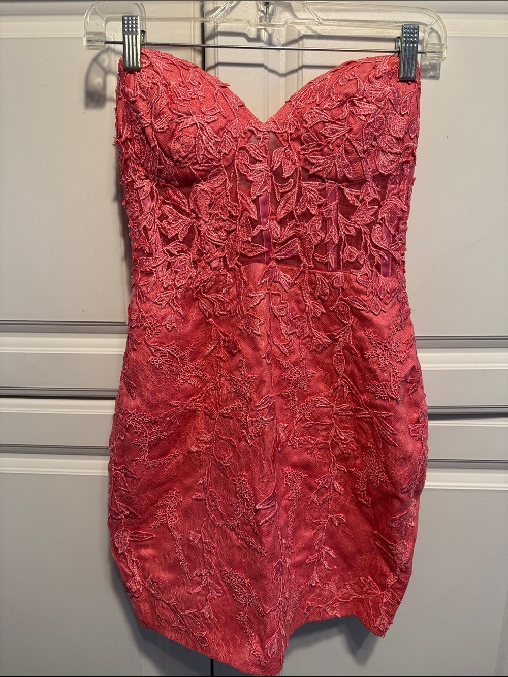 Strapless Pink Lace Embroidered Sheath Dress